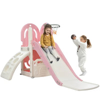Toddler Climb and Slide Set 4 in 1, Freestanding Playground Climber Slide Play Combination Set with Fold-Up Basketball Hoop and Driving Game Space, Indoor Outdoor Toys Games Set for Kids Teens, Pink