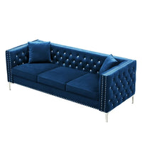 3 Seater Sofa, 82.3" Modern Velvet Tufted Upholstered Accent Sofa with 2 Pillows and Jeweled Buttons Velvet Sofa with Curved Backrest & Square Arm and Metal Legs for Living Room Office, Blue