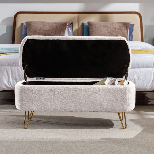 Oval Storage Bench 38.79" Modern Faux Fur Fabric Upholstered Entryway Bench with Gold Metal Legs Ottoman Bench Indoor Storage Bench for Living Room, Bedroom, End of Bed, Entryway, Bed Side, Ivory