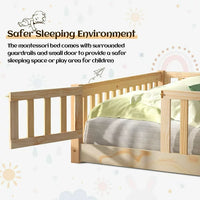 Triple Tree Montessori Twin Bed, for Toddler with Fence and Wood Slats, Natural