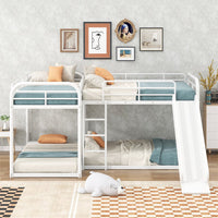 L-Shaped Bunk Bed for 4, Full and Twin Size L-Shaped Bunk Beds with Slide and Ladder & Full-Length Guardrails, Quad Metal Bunk Beds Frame for Kids Teens Adults, Noise Free, No Box Spring Needed, White
