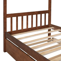 Twin Size Platform Bed with Twin Size Trundle,Solid Wood House Bed Frame with Headboard and Footboard,Space Saving House Bed for Kids Boys Girls,Walnut
