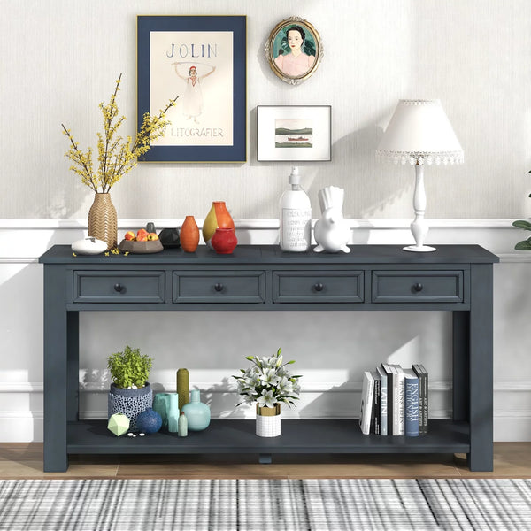 Extra Long Console Table, 64" Farmhouse Wood Sofa Table with 4 Storage Drawers and Open Bottom Shelves, Wood Couch Accent Vintage Entryway Side Table for Hallway, Living Room,Navy