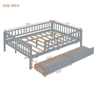 Low Wood Bed with Fence Guardrails for Kids, Full Size Platform Bed Frame Montessori Bed with 2 Storage Drawers & Slats System for Boys Girls Bedroom, No Box Spring Required, (Gray, Full Size)