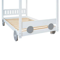 Twin Size Canopy Platform Bed, Wooden 4-Post Canopy Car-Shaped Platform Bed Frame with Wheels and Slats Support, Bedroom Mattress Foundation for Kids Girls Boys, No Box Spring Needed, White
