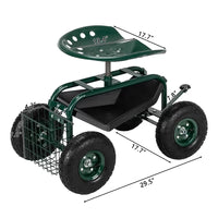 Rolling Garden Cart, 4-Wheel Garden Work Seat with Storage Basket, Height-Adjustable Swivel Seat and Extendable Steer Handle, 300-Pound Capacity for Outdoors, Lawns, and Yards, Green
