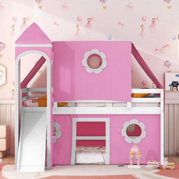 Full Size Castle Bunk Bed, Wooden House Bunk Beds with Slide, Ladder, Tent, Tower, Door, Circle Window, Kids Bunk Bed Full Over Full for Girls Boys, Pink