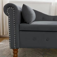 Velvet Upholstered Chaise Lounge, Indoor Lounge Chair with Storage & Pillow, Modern Rolled Arm Chase Lounge with Nailhead Trim, for Living Room, Bedroom, Office, Black