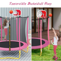 5.5FT Mini Round Trampoline for Kids, Indoor Outdoor Trampoline with Enclosure Net, Basketball Hoop and Ball, Toddler Small Trampoline Gifts for Boy and Girls, 220 lbs Weight Capacity, Pink