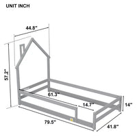 Twin Size Floor Bed, Wooden Montessori Bed Fence Bed with House Shape Headboard, Wood House Bed Platform Bed, for Boys Girls, Low to Ground Height, No Box Spring Needed, Grey