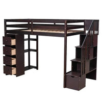 Twin Size Loft Bed with Storage Staircase, Wooden Twin Loft Bed Frame with Drawers and Shelves, Modern High Loft Bed, Multifunctional Twin Loft Bed, No Box Spring Needed, Express