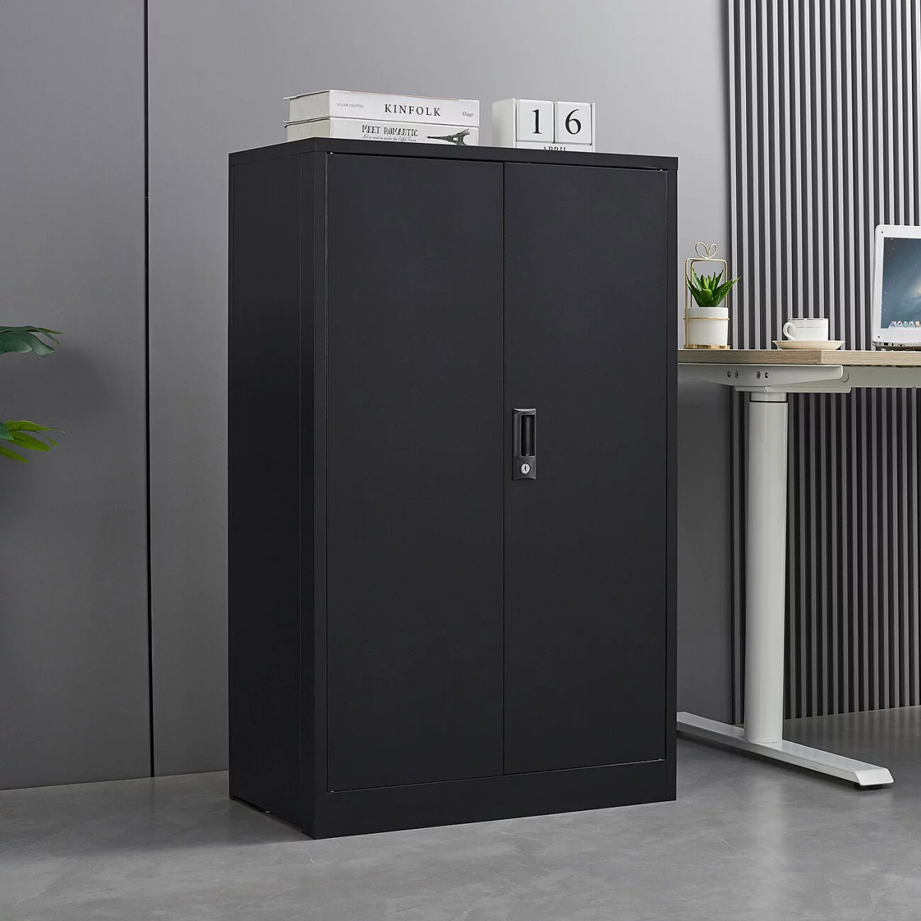 Folding Filing Storage Cabinet, Metal Storage Cabinet with 2 Locking Doors and 2 Adjustable Shelf, 42 " Steel Storage Lockable Garage Cabinet Tool Cabinets for Home Office,School,Garage, Black