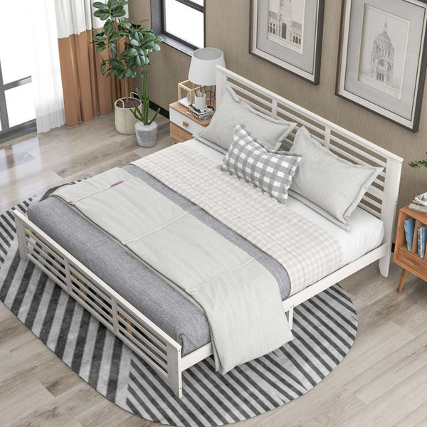 Platform Bed Frame with Headboard and Footboard, Wood Slat Support, King Size Horizontal Strip Hollow Shape Bed Frame, No Box Spring Needed,White