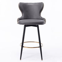 29" Modern Leathaire Fabric Bar Chairs, Modern Swivel Barstools Set of 2, 180° Swivel Bar Stool Chair for Kitchen,Tufted Gold Nailhead Trim Gold Decoration Bar Stools with Metal Legs, Dark Gray