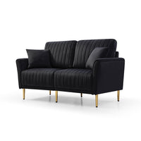 2 Seat Sofa, Upholstered Round Arm Loveseat with 2 Throw Pillows & Gold Metal Legs, Velvet Sofa Couch Futon Sofa Accent Arm Sofa with Reversible Back for Living Room, 2 Seat Sofa Furniture, Black