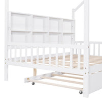 Full Size House Bed with Trundle and Shelf, Wood Daybed Frame with Roof Design, Platform Bed with Headboard and Footboard, No Box Spring Needed, White