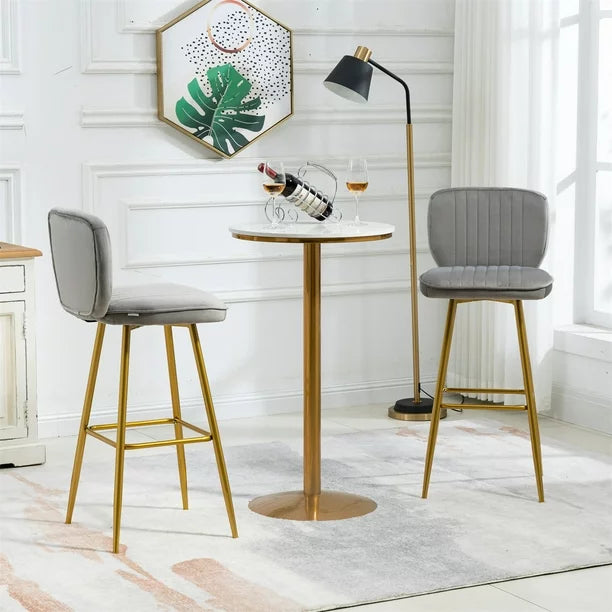 Bar Stools Set of 2, Modern Counter Height Barstools with Soft Back, 2PCS Velvet Upholstered Dining Chairs with Gold Footrest and Metal Legs, Armless Bar Chairs for Kitchen Island Bar, Gray