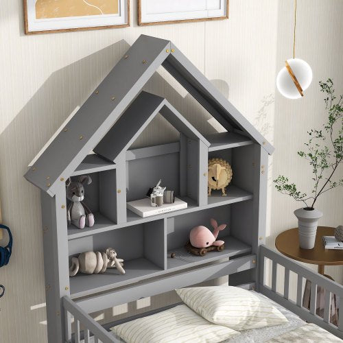 Twin Bed Frame with Fence Railings and Trundle, Wood Twin Size Platform with House Shaped Storage Headboard for Boys Girls, Montessori Safety Guardrails Design, No Box Spring Needed, Gray