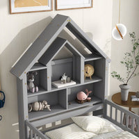 Twin Bed Frame with Fence Railings and Trundle, Wood Twin Size Platform with House Shaped Storage Headboard for Boys Girls, Montessori Safety Guardrails Design, No Box Spring Needed, Gray