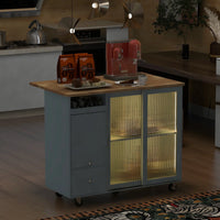 Kitchen Island with Drop Leaf, Modern LED Light Kitchen Cart on Wheels with 2 Fluted Glass Doors and 1 Flip Cabinet Door, 44" Large Kitchen Island Cart with an Adjustable Shelf and 2 Drawers, Gray