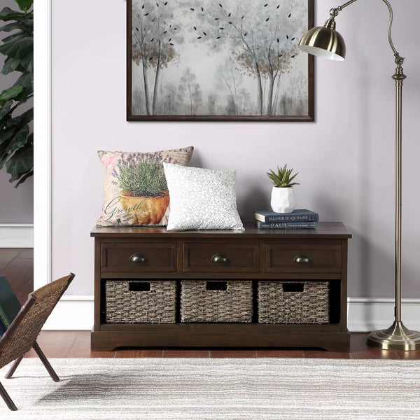 Storage Bench, Homes Collection Wicker Storage Bench with 3 Drawers and 3 Woven Baskets, Wood Entryway Shoe Bench for Hallway, Entryway, Mudroom and Living Room (Walnut)