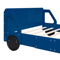 Full Size Car-Shaped Platform Bed, Modern Kids Bed with Wheels Rails, No Box Spring Required Fit 6" Mattress 400Lbs Load 77.2"L x 55.9"W x 29.9"H, Blue