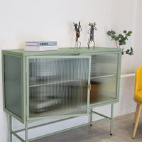 Retro Buffet Sideboard Storage Cabinet with Metal Frame & Fluted Glass Sideboard Buffet with Removable Shelves,Modern Console Table End Table Side Table for Kitchen Living Room Entryway,Mint Green