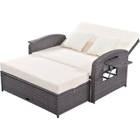 Outdoor Daybed, PE Wicker Rattan Double Chaise Lounge, 2-Person Reclining Sunbed with 3-Height Adjustable Back, Outdoor Patio Furniture Protection Cover, White