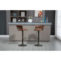 Swivel Bar Stools Set of 2, Adjustable Counter Height PU Leather Bar Stool with Woven Back, Upholstered Kitchen Dining Chairs, Modern Barstools for Kitchen Island, Cafe, Pub, Bar Counter, Brown