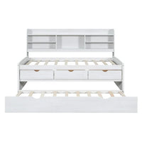 Twin Bed Frames, Bed Frame with Trundle and Built-in Bookshelves, Wooden Captain Bed Twin Size Bed Frames, Storage Bed with Three Storage Drawers for Adults Boys and Girls, White Wash