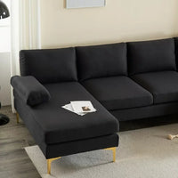 U-Shaped Sectional Sofa with Double Chaise, 110" Linen Fabric Couch Sofa with Metal Legs and Removable Cushions, Armrests, 4-Seat Sectional Couch for Living Room, Apartment, Office, Black
