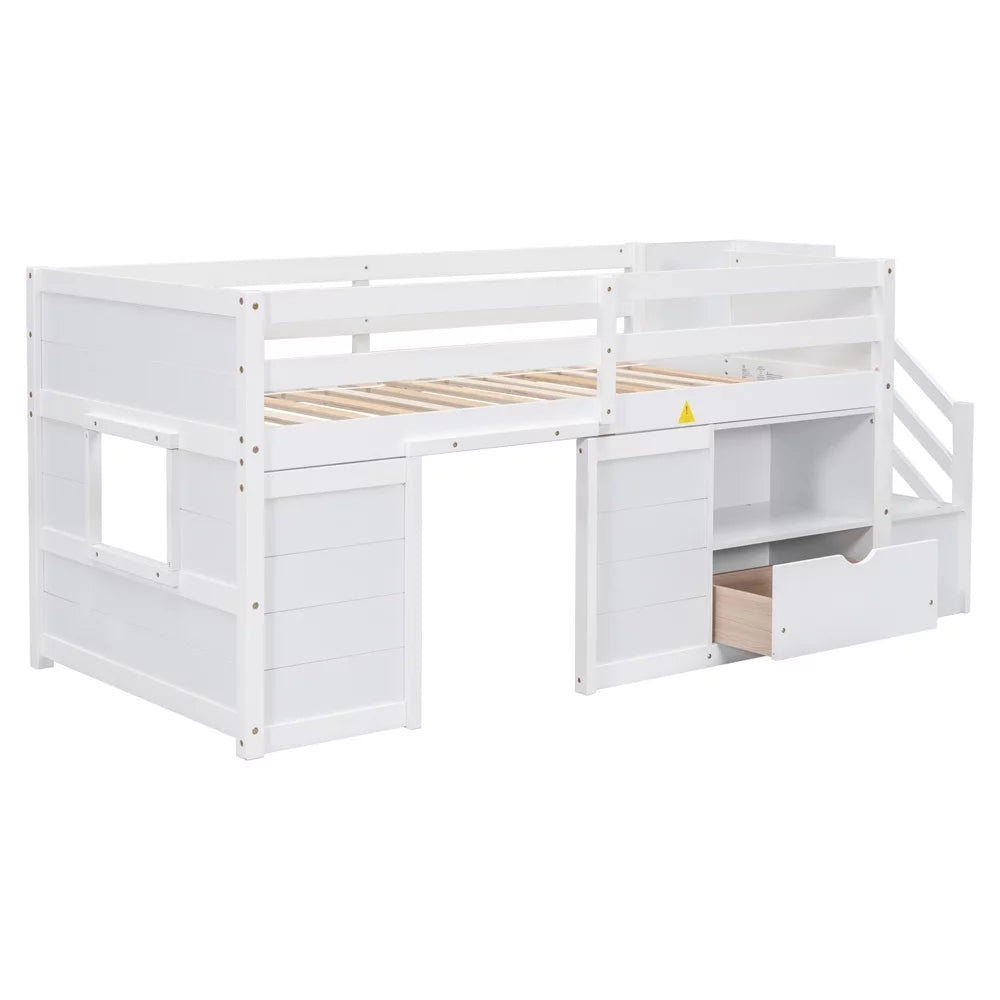 Loft Bed with Storage Stair, Drawers and Shelf, Twin Size Loft Bed Frame with Full-Length Guardrail, Low Loft Bed with Large Under-Bed Space for Teens Boys Girls, No Box Spring Required, White