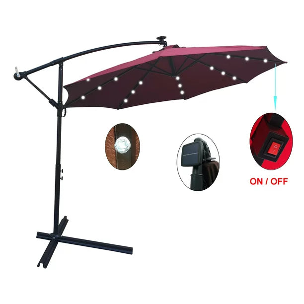 10 ft Outdoor Market Patio Beach Umbrella with Solar Powered LED Lighted and Cross Base, Offset Hanging Umbrella with Easy Tilt Adjustment and 8 Ribs for Backyard, Pool, Lawn and Garden, Burgundy