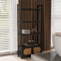 4 Tiers Bookshelf, Woven Cane Bookcase with Cabinet Office Wood Bookshelf Freestanding Open Display Shelf with 2 Doors Storage Cabinet Home Storage Rack for Living Room