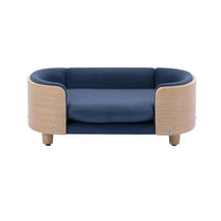 Modern Elevated Dog Cat Bed Pet Sofa with Solid Wood Legs and Bent Wood Back, Velvet Cushion, Sofa-Style Pet Beds for Small/Medium/Large Dogs & Cats, for Indoor, Small Size, Dark Blue