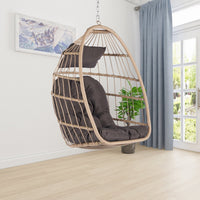 Hanging Egg Chair Indoor Outdoor without Stand, Foldable Wicker Rattan Swing Egg Chairs with Thick Cushion, Hammock Egg Hanging Chair with Aluminum Frame for Bedroom Patio Balcony, Wood+Dark Gray