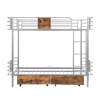 XL Twin Over Twin Metal Bunk Bed with MDF Board Guardrail and Two Storage Drawers, Heavy Duty Bunk Bed with Integrated Ladder and Full-Length Guardrails for Kids Teens and Adults, Silver