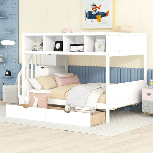 Bunk Beds Twin Over Full with Storage Staircase and 2 Drawers, Wooden Stairway Bed Frame with 4 Storage Shelves and Wood Slats Support for Kids Bedroom Dorm, No Box Spring Needed, White
