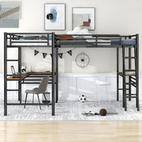 Double Loft Beds Twin Size, L Shaped Loft Bed Frame with Two Built-in Desks, Heavy Duty Bunk Bed with Desk for Kids Boys Girls Teens, 250LBS Weight Capacity, Black