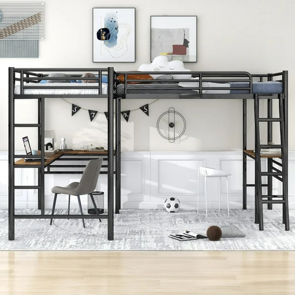 Double Loft Beds Twin Size, L Shaped Loft Bed Frame with Two Built-in Desks, Heavy Duty Bunk Bed with Desk for Kids Boys Girls Teens, 250LBS Weight Capacity, Black