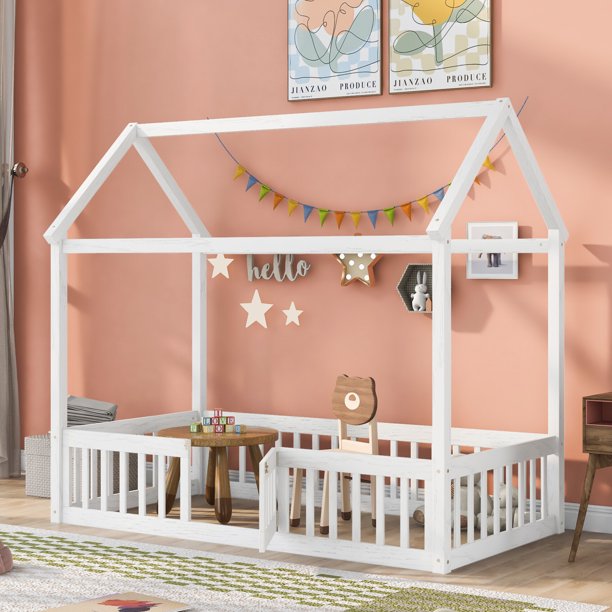Twin Size House Bed,Floor Bed with Roof,Fence and Door, Wooden Playhouse Bed Frame, Montessori Bed for Girls/Boys/Teens,Can be Decorated,White