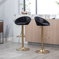 Bar Stools Set of 2, Velvet Swivel Adjustable Height Barstool with Low Back & Footrest for Home Bar Kitchen Island Chair with Golden Base, Black