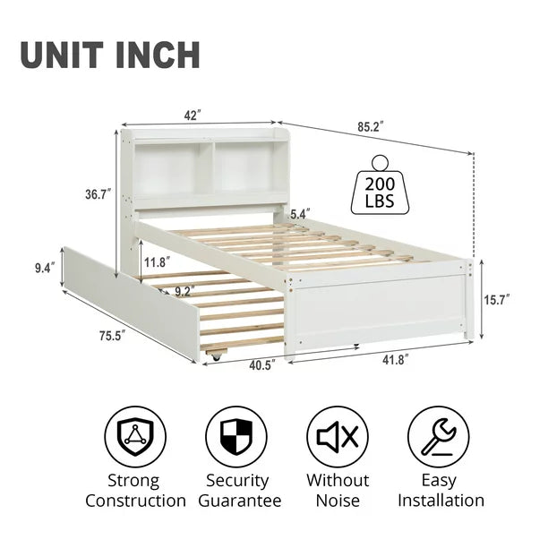 Twin Bed with Trundle, Twin Size Platform Bed with Bookcase Headboard and Pull Out Trundle Bed for Kids Teens Adults, Wooden Twin Bed Frame with Storage Shelves, Bed Frame for Living Room, White