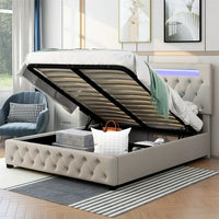 Upholstered Platform Bed,Queen Size Lift Up Storage Bed Frame with Adjustable Headboard,Featured with Bluetooth Audio,LED Light and USB Charging for Bedroom,No Box Spring Needed,Easy Assembly,Beige