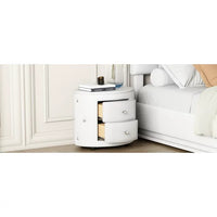 PU Leather Upholstered Nightstand with 2 Drawers and Crystal Handle, Button Tufted Dresser Side Table Chest, Multifunctional Round Storage Beside Table for Living Room, Bedroom, Fully Assembled, White