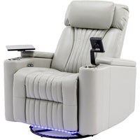 Swivel Rocker Power Recliner Chair with Cup Holders and LED Light Strip, Electric Home Theater Seating with 360 Swivel Tray Table, Cell Phone Stand & Hidden Arm Storage, Gray