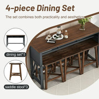 4-Piece Bar Table Set with 3 Stools, Farmhouse Wood Counter Height Dining Table Set with 60" Console Kitchen Table and Chairs, Home Bar Pub Breakfast Set, for Small Places, Dining Room, Walnut