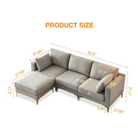 L Shape Sectional Couch, Modern Sectional Chaise Upholstered Leisure Sofa with Golden Metal Legs, 3-seat Sectional Corner Couch for Small Apartment Living Room, 92.9"L x 59.8"W x 31.1"H, Grey