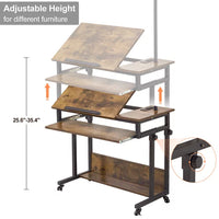 Mobile Standing Desk, Portable Stand Up Desk with USB Outlets, Adjustable Height Small Standing Desk with Floor Lamp, Rolling Home Office Laptop Cart with Wheels, Computer Desk (Antique brown)