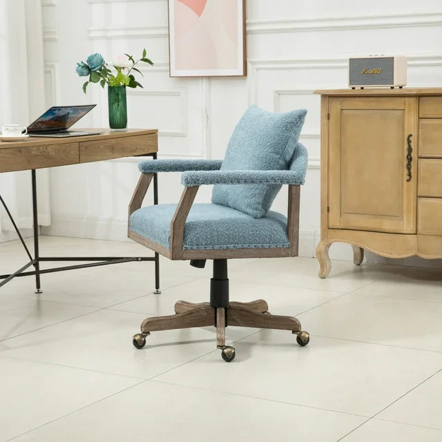 Computer Chair Home Office Chair,Adjustable Swivel Desk Chair with Wood Leg,Fabric Study Chair Task Chair for Living Room,Home Office,Light Blue